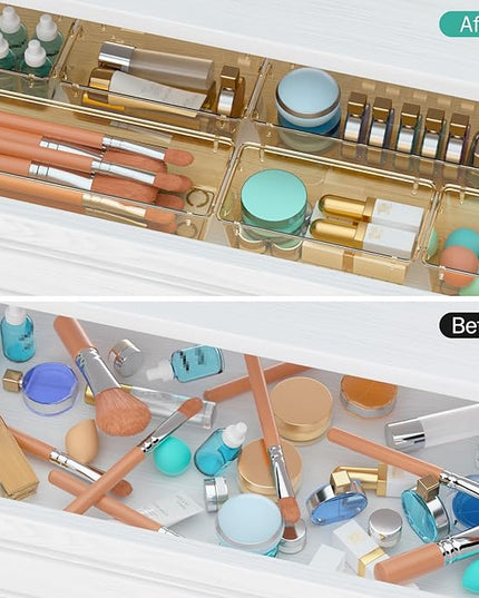 WOWBOX 9 Pack Clear Drawer Organizer Set, Acrylic Drawer Storage Trays, Storage Bins for Makeup, Cosmetics, Jewelries, Utensils, Gadgets, Office, Champagne