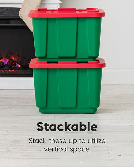 IRIS USA 4-Pack 12 Gallon Storage Bins with Lids |Made in USA| Heavy Duty Plastic Tote Containers for Holiday Organization, Large - Green/Red