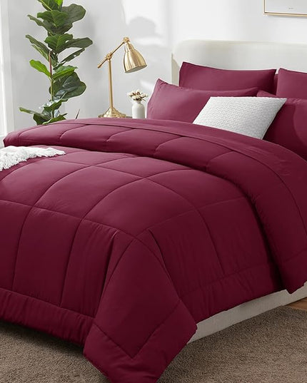 CozyLux King Size Comforter Set Burgundy, 7 Pieces Bed in a Bag, Red Comforter King Size, All Season Bedding Sets with Stitch Quilted Comforter, Flat Sheet, Fitted Sheet, Pillowcases