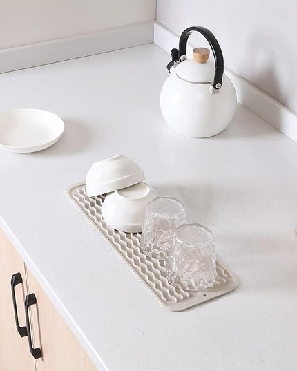 Silicone Dish Drying Mat for Multiple Usage,Easy clean,Eco-friendly,Heat-resistant Silicone Mat for Kitchen Counter,Sink,Bar,Bottle,or Cup Tapioca M 17 inches x 6 inches
