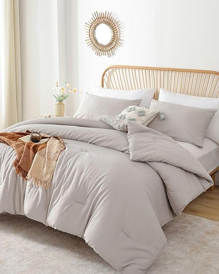 ROSGONIA Comforter Full Size for Girls Boys Teens Linen Grey, 3pcs (1 Gray Comforter & 2 Pillowcases) Lightweight Dorm Bedding Full Size