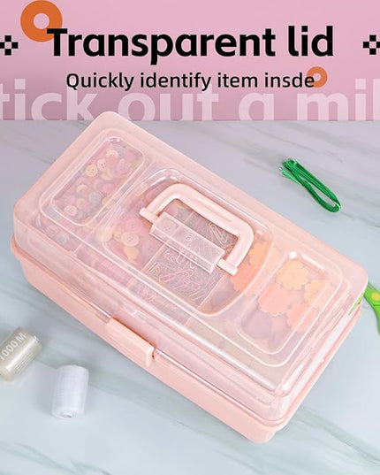 14in 3-Layer Multipurpose Craft Organizers and Storage with Adjustable Dividers, Portable Tackle Box, Folding Art & Craft Case for Medicine, Tool, Sewing Organizer (Pink, X-Large)
