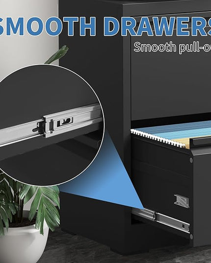 File Cabinets 2 Drawer,Metal Office Storage Filing Cabinet with Lock,Black Lateral Filing Cabinet for Home Office,Horizontal 2-Drawer File Cabinets for Legal/Letter/A4,Assembly Require,Black