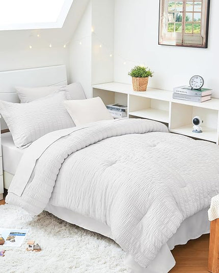 HYMOKEGE White Twin XL Comforter Set Seersucker 5 Pieces, All Season Luxury Bed in a Bag for Bedroom, Bedding Set with Comforter, Sheets, Pillowcase & Sham