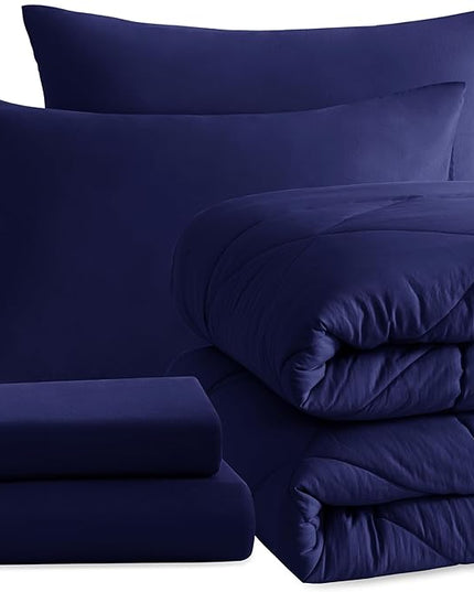 NTBAY Twin Comforter Set with Sheets, 5 Pieces Soft and Breathable Bedding Set, Bed in a Bag, Down Alternative Comforter Set Solid Color All Season, Kids Bedding Set, Navy Blue