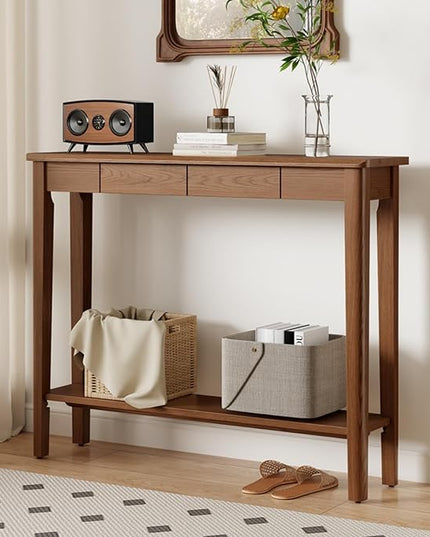 AQIMUELE Wood Console Table with Drawers, Mid Century Modern Console Table Walnut for Entryway, Living Room, Hall Way.