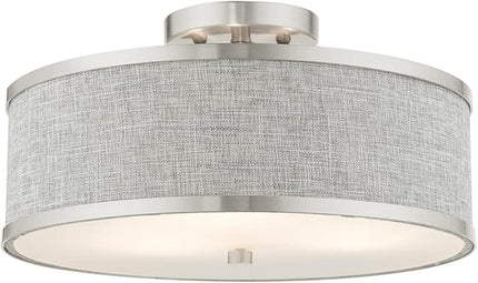 Livex Lighting 60423-91 Park Ridge Collection 3-Light Semi Flush Mount Ceiling Light with Oatmeal Color Hardback Fabric Shade, Brushed Nickel, 15 x 15 x 8