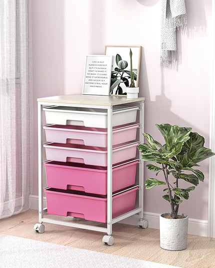 Utility Cart with 5 Drawers,Storage Drawer Cart with Wooden Tabletop and Lockable Wheels,Craft Storage Trolley Cart,5-Tier Rolling Utility Cart on Wheels,Rose Pink