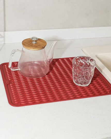 Silicone Dish Drying Mat for Multiple Usage,Easy clean,Eco-friendly,Heat-resistant Silicone Mat for Kitchen Counter or Sink,Refrigerator or drawer liner Red L 16 inches x 12 inches