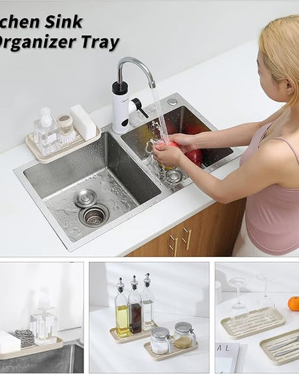 Silicone Kitchen Sink Organizer Tray for Multiple Usage,Eco-Friendly Sponges Holder for Kitchen Bathroom Counter or Sink,Dish Soap Dispenser,Scrubber,Bottle,Cup (Tapioca, 10"×5.3")