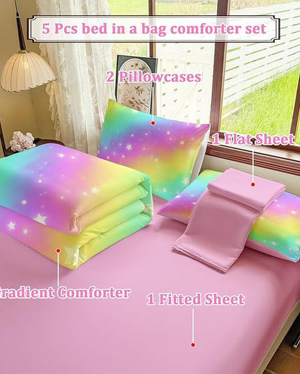 Rainbow Bedding Set Full Size – 5 Piece Reversible Girls Comforter with Deep-Pocket Sheet, Gradient Galaxy Design, Whole-Piece Filling, Machine Washable Bed-in-a-Bag for Kids Room Makeover & Gifts