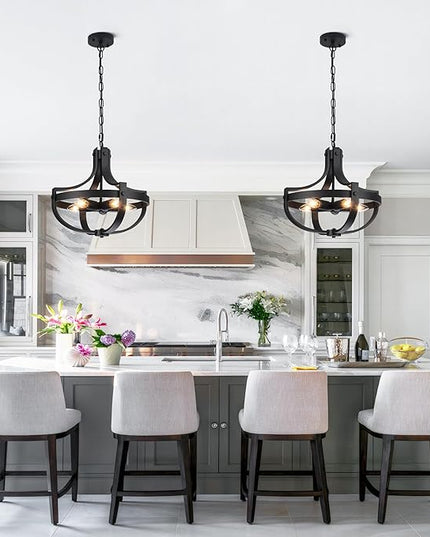 16.73" Black Farmhouse Light Fixtures, 5-Lights Vintage Cage Chandeliers Round Pendant Light for Dining Room Entryway Kitchen Island Living Room Hallway Foyer