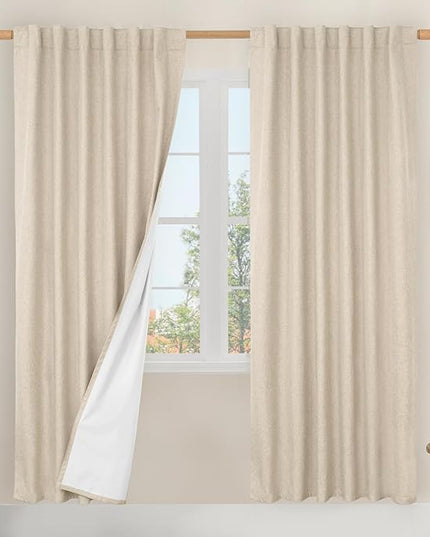 LAMIT 100% Blackout Natural Linen Curtains, 78 Inches Linen Textured Thermal Bedroom Curtains Back Tab and Rod Pocket Neutral Panels with White Liner for Farmhouse, 2 Panels, 52 x 78 Inch, Linen
