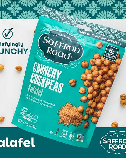 Saffron Road Roasted Falafel Crunchy Chickpeas | High-Protein, Vegan, Gluten-Free, Non-GMO, Halal & Kosher Certified Snack | 5.4 oz Resealable Pouch | Pack of 6