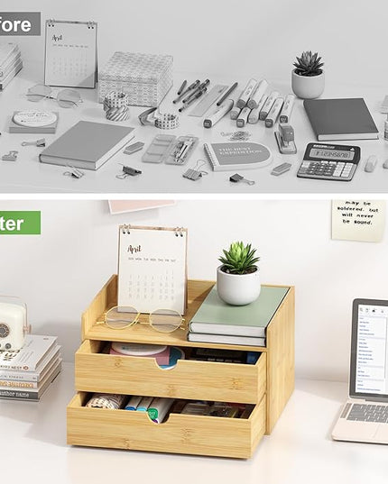 Wisuce Bamboo Desk Organizer - Mini Bamboo Desk Drawer Tabletop Cosmetic Storage Organization for Office or Home (Nature 2 Drawers)