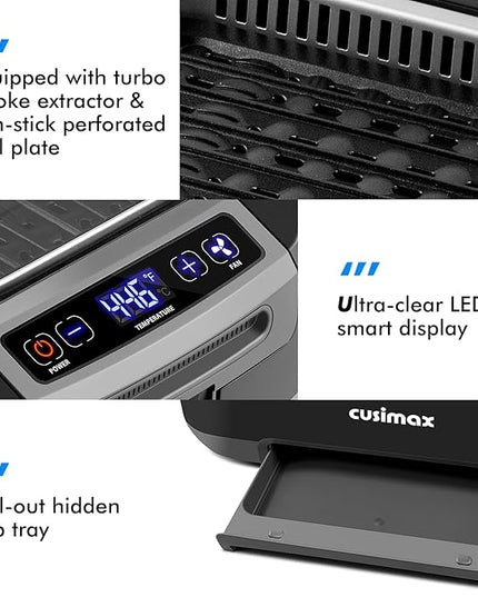 CUSIMAX Smokeless Indoor Grill, 1500W Electric Grill Korean BBQ Grill with LED Smart Display & Tempered Glass Lid, Non-stick Removable Grill Plate, Turbo Smoke Extractor, Black New Model