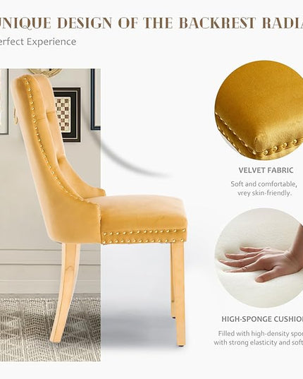 SoarFlash Velvet Dining Chairs Set of 2, Tall Back Side Chair, Modern Upholstered Side Chair with Button Back Ring, Gold Plated Stainless Steel Legs (Gold)