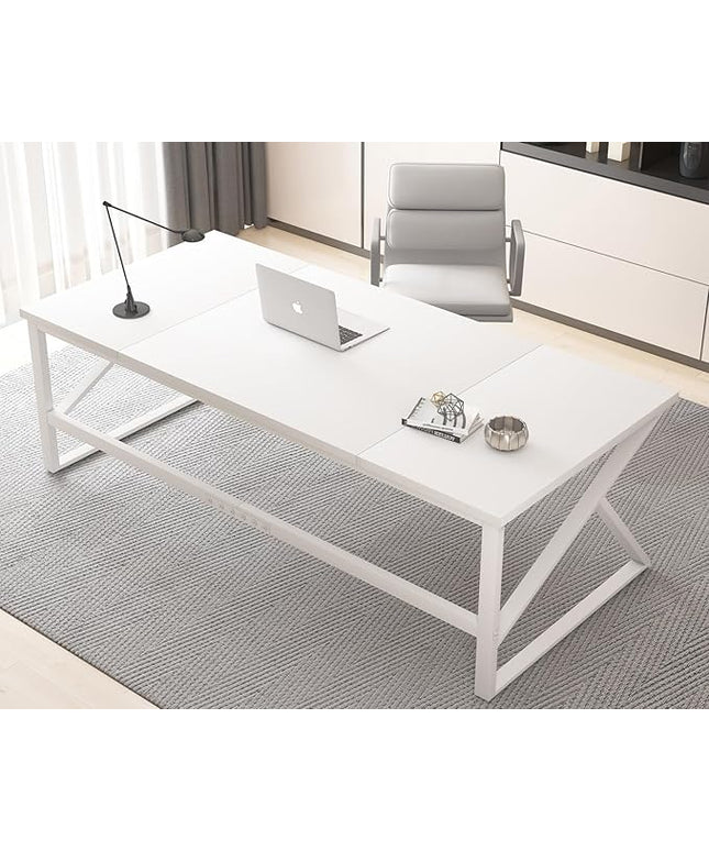 HSH 70 Inch Long White Computer Desk, Modern Large Executive Work Writing Study Gaming Desk for Home Office, Industrial Metal Wooden Two Person Desk Dual Monitor Workstation in Bedroom Living Room