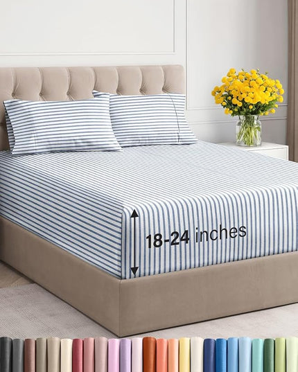 Extra Deep Twin XL Sheet Set - 4 Piece Breathable and Cooling Sheets - Hotel Luxury Bed Sheets Set - Easy Fit - Soft, Wrinkle Free and Comfy Sheets Set - Blue Striped Sheet Set with Extra Deep Pockets