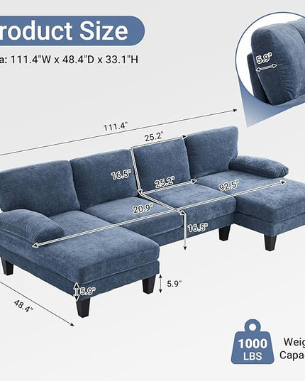 VINGLI 110" Sectional Couches for Living Room,U Shaped Couch with Double Chaise, 4-Seat Sofa Set with Corduroy Fabric for Home Furniture,Ocean Blue