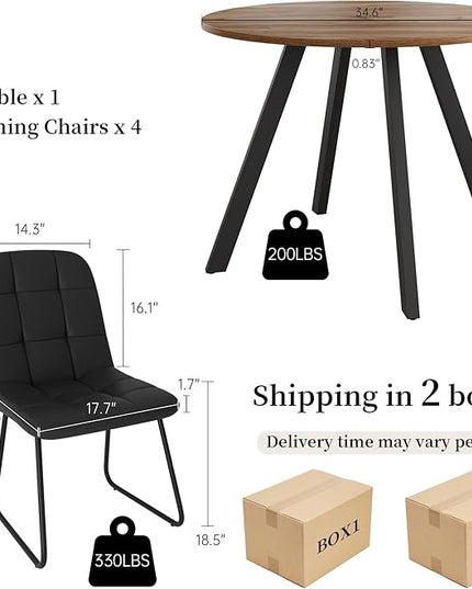 34.6'' Round Dining Table and Chairs for 4 Space Saving for Apartment Kitchen Dining Room (Walnut Table+4 U-Shaped Black Chairs)