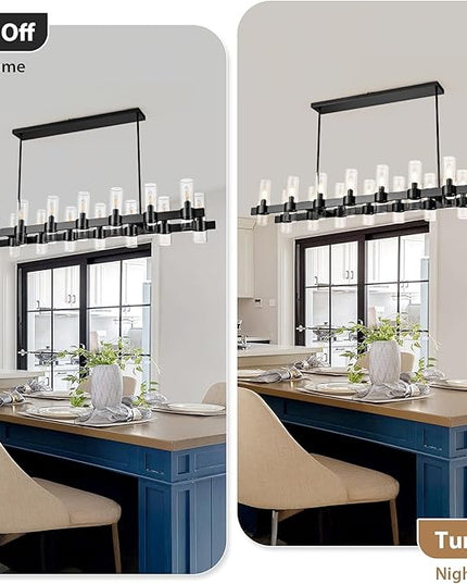 Black Linear Chandeliers for Dining Room, 54" Rectangle Chandelier with Glass, 16-Light Modern Chandeliers Over Table, Farmhouse Chandelier for Kitchen Island, Industrial Pendant Light Fixtures