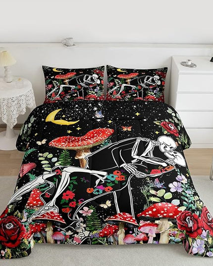 Mushroom Kids Comforter Set Queen Size,Sun Moon Starry Sky Romantic Bedding Set,Boys Girls Adults Room Decor,Butterfly Skeleton Flowers Boho Down Comforter,Red Trippy Duvet Insert,2 Pillowcases