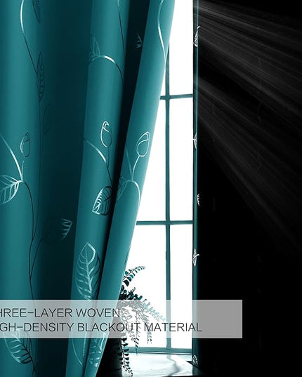 BUHUA White Black Out Curtains 84 Inch Long 2 Panels, Soundproof Curtains with Elegant Silver Leaf Print, Heat Blocking Curtains for Livingroom, 52W x 84L, Teal Blue