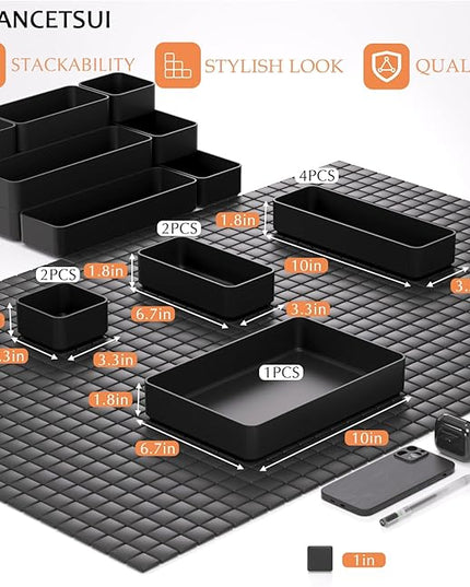 9 Pcs Stackable Drawer Organizer Trays Set, Multifunctional Stackable Storage Trays for Vanity, Bathroom, Kitchen, Desk Drawer Organizer Office. Plastic Drawer Organizers Available In 5 Colours, Black