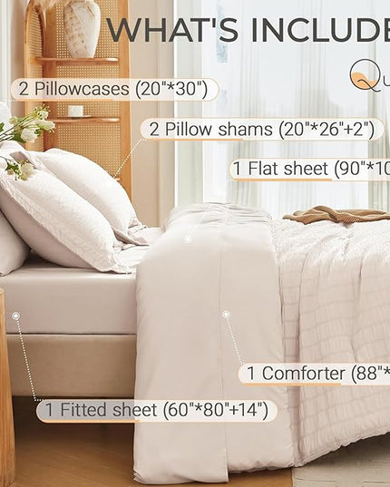 MUXHOMO 7 Pieces Queen Comforter Set, Seersucker Bed in a Bag Queen Size, All Season Luxury Bedding Set with Comforter, Flat Sheet, Fitted Sheet, Pillowcases & Shams, Beige