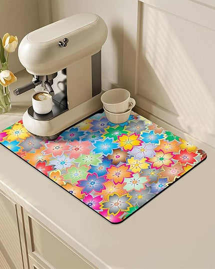 Coffee Mat for Kitchen Counter - Hide Stain Absorbent Dish Drying Mat, Rubber Coffee Bar Mats, Drying Pads, Accessories Fit Under Tea Pot, Cafe Maker, Espresso Machine, Dish Rack, 19"x12", Flowers
