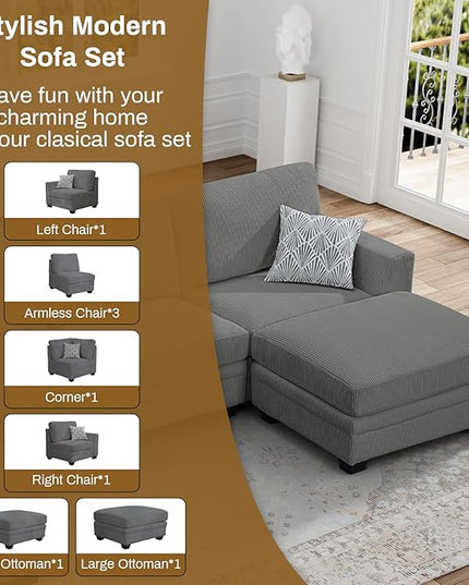 Legend Vansen Oversized Modular Sectional Sofa,8 Seat U Shaped Couch with Ottoman,Corduroy Sofa with Deep Seat,Convertible Large Sectional Couches for Living Room (Grey, U-8)