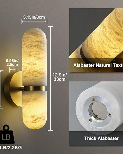 Alabaster Wall Sconces Set of Two,13in Brass Alabaster Sconce, Modern Spanish Natural Marble Sconces Lights, Gold Sconces for Bathroom Vanity Bedroom Living Room Staircases Hallway