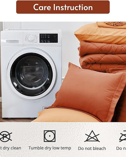 MUXHOMO 7 Pieces King Comforter Set, Reversible Bed in a Bag King Size, All Season Bedding Set with Comforter, Flat Sheet, Fitted Sheet, Pillowcases & Shams, Burnt Orange & Camel