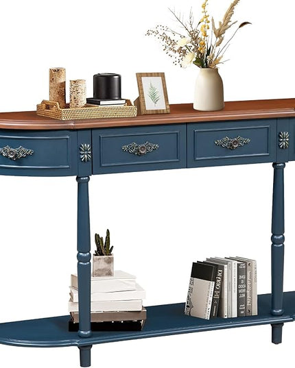 HMFULE Retro Curved Console Table, 52" Half Moon Sofa Entryway With 2 Drawers 1 Open Shelf, Solid Pine Legs for Living Room, Hallway, Navy Blue