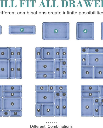 25 PCS Drawer Organizer Set, 5 Varied Size Bathroom and kitchen Drawer cabinet organizer Trays, Clear Storage Bins for Makeup, Jewelry, Utensils and Gadgets, Dark Blue
