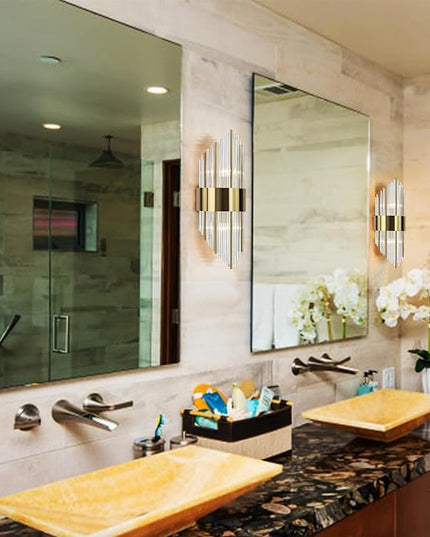 Modern Gold Wall Sconces Set of Two Crystal Sconces Wall Lighting 2-Light Brass Glass Wall Light Fixtures for Bedroom Living Room Bathroom Vanity Mirror Light Fixtures