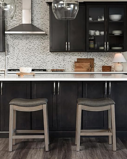 Maven Lane Adrien Backless Bar Stool – 31 Inch Saddle Seat with Footrest – Grey Solid Wood Frame & Grey Faux Leather Upholstery – Ideal for Bars, Pub Tables & Tall Kitchen Counters