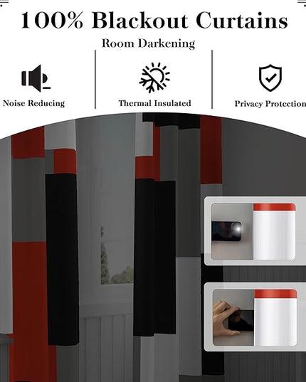 Red Black 100% Blackout Curtains for Bedroom 63 inch Length 2 Panels Set White Grey Modern Abstract Geometric Black Out Curtains Christmas Red Room Darkening Window Drapes Living Room, 52Wx63L