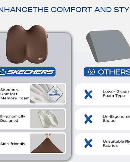 Skechers Seat Cushion, Ergonomic Memory Foam Cushion for Long Sitting Hours on Office & Home Chair, Car Seat Cushion for Sciatica, Coccyx Cushion,Brown