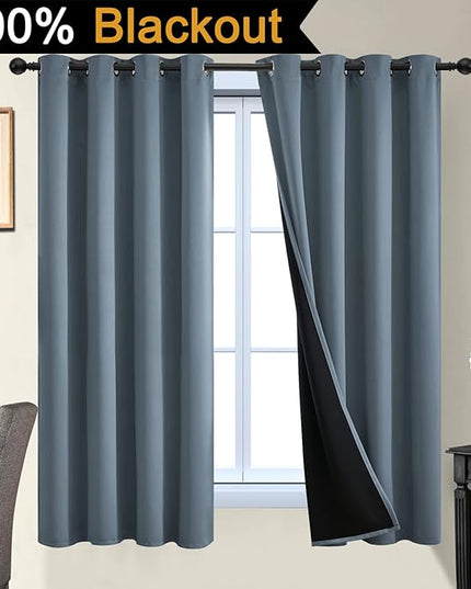 Yakamok 100% Blackout Lined Panels, Room Darkening Thermal Insulated Blackout Curtains for Bedroom, Heat Blocking Drapes for Living Room(52Wx63L, Stone Blue, 2 Panels)