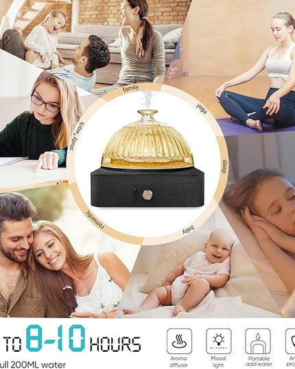 Glass Dome Essential Oil Diffuser with Glass Reservoir & Wood Base-Plastic Free, 200ml Ultrasonic Diffuser for Aromatherapy with Timer 7 Color Light Auto-Off for Home Office Yoga Dark Brown