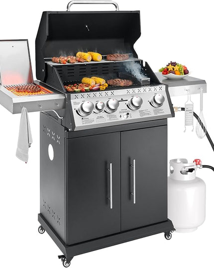 Propane Gas Grill, 4+1 Stainless Steel Barbecue Grill with Infrared Side Burner for Outdoor Cooking, Black