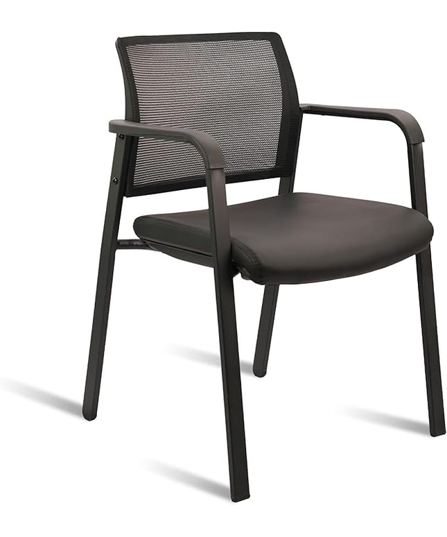 CLATINA Stackable Office Chair, Mesh Back Guest Chairs with Comfortable Leather Seat Arms Stacking Ergonomic Desk Chair No Wheels for Conference Waiting Reception School Side Stationary, Black