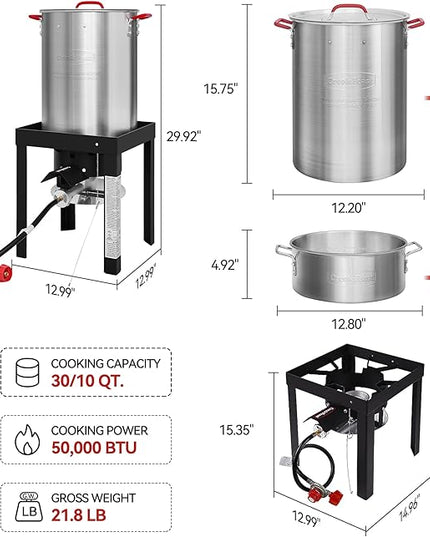 CreoleFeast TFS3010 Propane 30 Qt. Turkey and 10 Qt. Fish Fryer Boiler Steamer Set, 50,000 BTU Burner, Ideal for Outdoor Cooking
