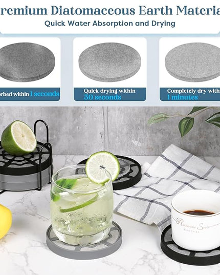 Koluti 6 Pieces Diatomaceous Earth Coasters with Holder, Desk Absorbent Coasters for Drink, with Soft Silicone Cover, 4.0”x 0.5”Water Instant Drying Round Stone Tray for Coffee Table