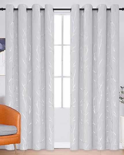 BUHUA White Curtains 95 Inches Long, Blackout Curtain Panels - Long Drapes, Thermal Insulated Window Curtains with Silver Tree Branches Print, 52W x 95L, Greyish White, 2 Panels