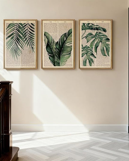 ANHUIB Large Botanical Prints Wall Art Framed Palm Leaf Wall Decor 16x24Inch Vintage Plant Art Prints Green Leaves Paintings Set of 3 for Living Room Bedroom Office