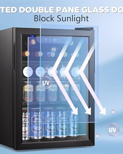 2.7 Cu.ft Beverage Refrigerator Cooler, 95 Can Mini Fridge Glass Door with Adjustable Shelves, Digital Temperature Display, Freestanding Small Drink Fridge for Home, Office or Bar(Black)