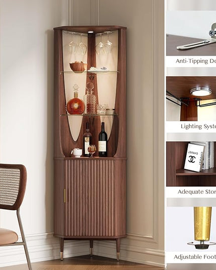 70" Tall Corner Cabinet,Mid Century Modern Cabinet with Doors,Fluted Corner Bar Cabinet with Glass Holder,Lights and Storage Shelves,Wine Bar Cabinet for Liquor, Living Room, Kitchen, Walnut